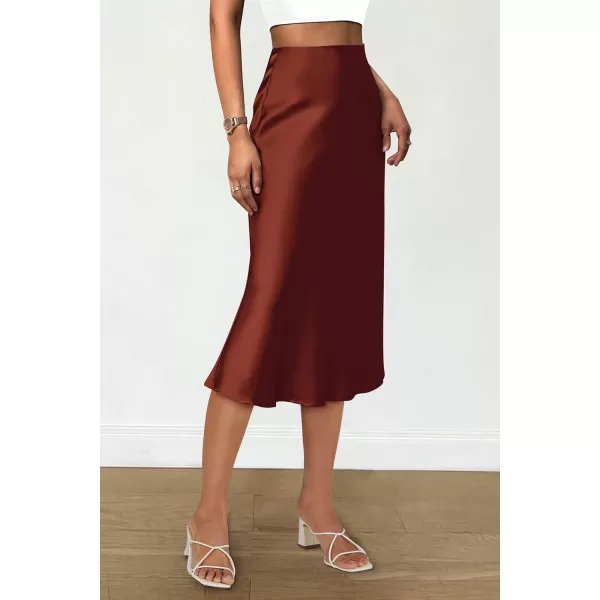 imagePRETTYGARDEN Womens Midi Skirts 2024 Summer Dressy Casual High Waisted Ruffle A Line Silk Satin SkirtsBrown