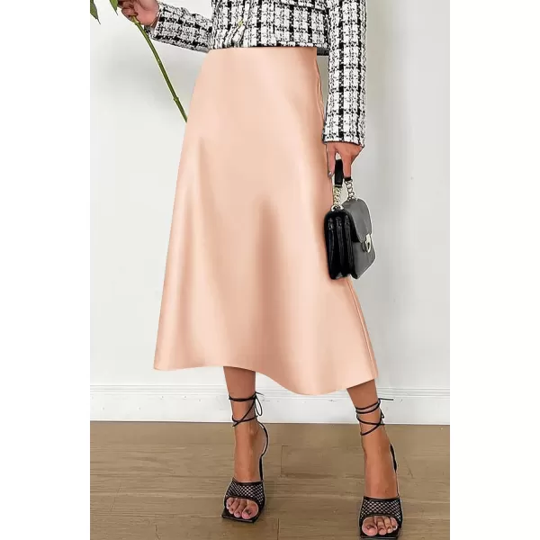 imagePRETTYGARDEN Womens Midi Skirts 2024 Summer Dressy Casual High Waisted Ruffle A Line Silk Satin SkirtsChampagne