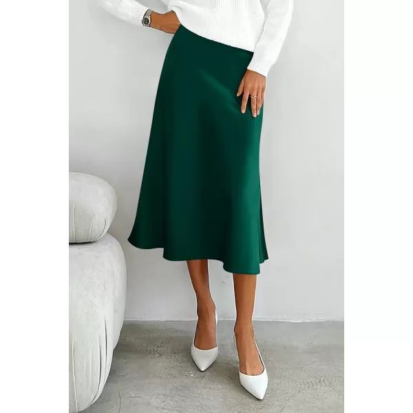 imagePRETTYGARDEN Womens Midi Skirts 2024 Summer Dressy Casual High Waisted Ruffle A Line Silk Satin SkirtsDark Green