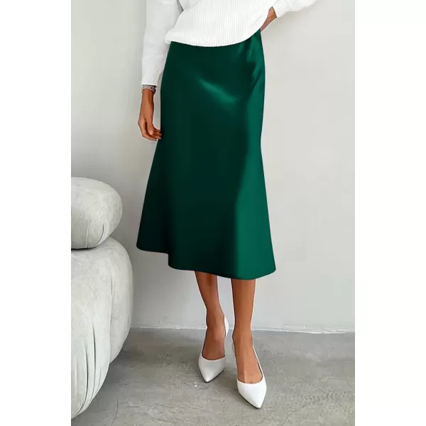 imagePRETTYGARDEN Womens Midi Skirts 2024 Summer Dressy Casual High Waisted Ruffle A Line Silk Satin SkirtsDark Green