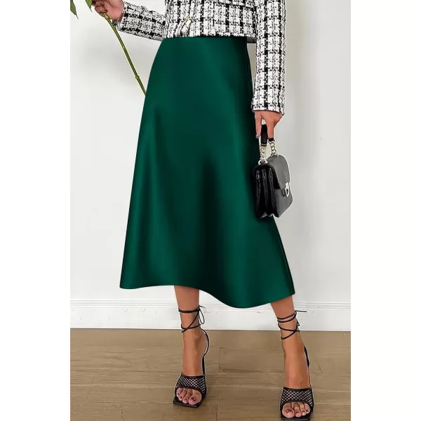 imagePRETTYGARDEN Womens Midi Skirts 2024 Summer Dressy Casual High Waisted Ruffle A Line Silk Satin SkirtsDark Green