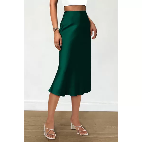 imagePRETTYGARDEN Womens Midi Skirts 2024 Summer Dressy Casual High Waisted Ruffle A Line Silk Satin SkirtsDark Green