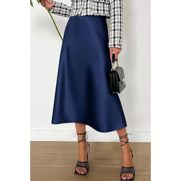 imagePRETTYGARDEN Womens Midi Skirts 2024 Summer Dressy Casual High Waisted Ruffle A Line Silk Satin SkirtsNavy