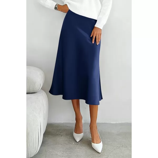 imagePRETTYGARDEN Womens Midi Skirts 2024 Summer Dressy Casual High Waisted Ruffle A Line Silk Satin SkirtsNavy