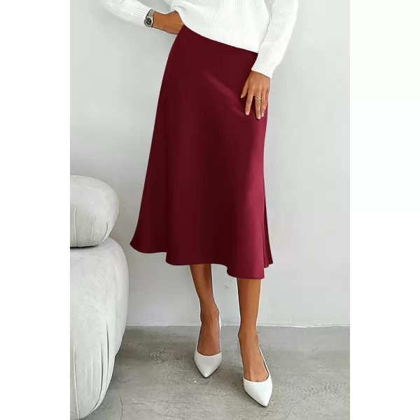 imagePRETTYGARDEN Womens Midi Skirts 2024 Summer Dressy Casual High Waisted Ruffle A Line Silk Satin SkirtsWine Red