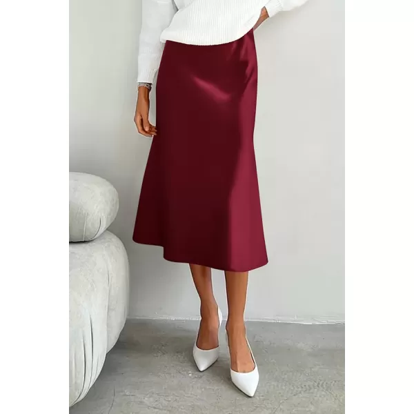 imagePRETTYGARDEN Womens Midi Skirts 2024 Summer Dressy Casual High Waisted Ruffle A Line Silk Satin SkirtsWine Red