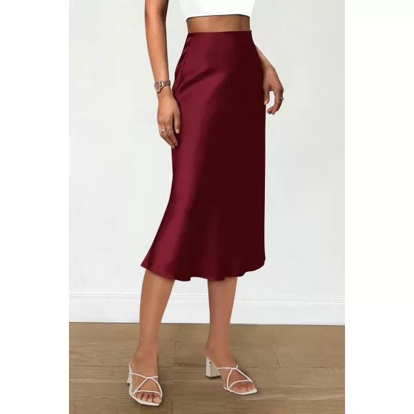imagePRETTYGARDEN Womens Midi Skirts 2024 Summer Dressy Casual High Waisted Ruffle A Line Silk Satin SkirtsWine Red