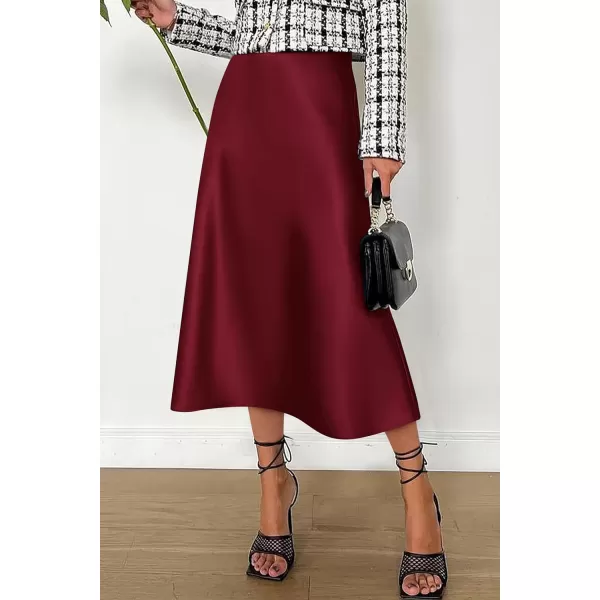 imagePRETTYGARDEN Womens Midi Skirts 2024 Summer Dressy Casual High Waisted Ruffle A Line Silk Satin SkirtsWine Red