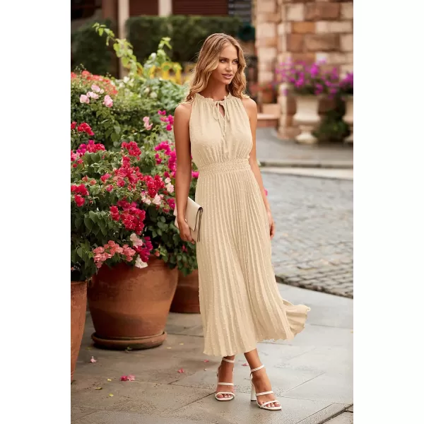 imagePRETTYGARDEN Womens Midi Summer Dresses Casual V Neck Swiss Dot Ruffle Sleeveless A Line Beach Sun DressApricot