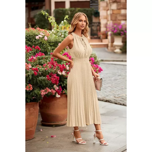 imagePRETTYGARDEN Womens Midi Summer Dresses Casual V Neck Swiss Dot Ruffle Sleeveless A Line Beach Sun DressApricot