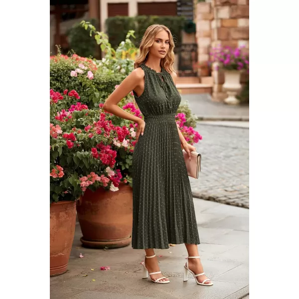imagePRETTYGARDEN Womens Midi Summer Dresses Casual V Neck Swiss Dot Ruffle Sleeveless A Line Beach Sun DressArmy Green