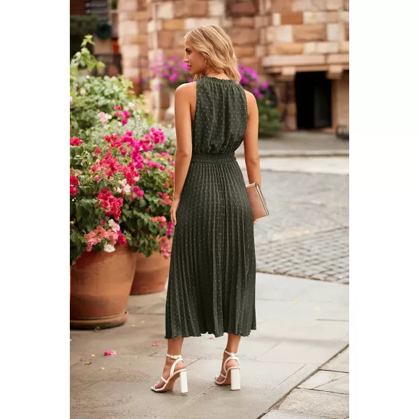imagePRETTYGARDEN Womens Midi Summer Dresses Casual V Neck Swiss Dot Ruffle Sleeveless A Line Beach Sun DressArmy Green