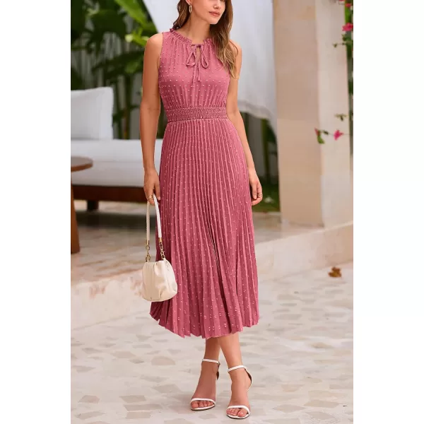 imagePRETTYGARDEN Womens Midi Summer Dresses Casual V Neck Swiss Dot Ruffle Sleeveless A Line Beach Sun DressBean Paste Red