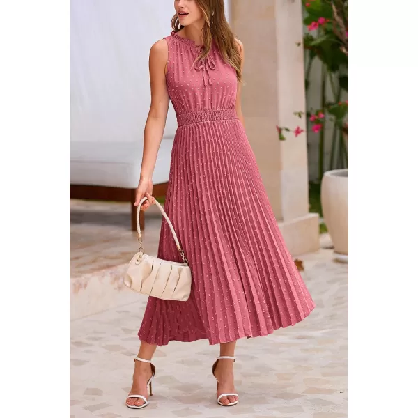 imagePRETTYGARDEN Womens Midi Summer Dresses Casual V Neck Swiss Dot Ruffle Sleeveless A Line Beach Sun DressBean Paste Red