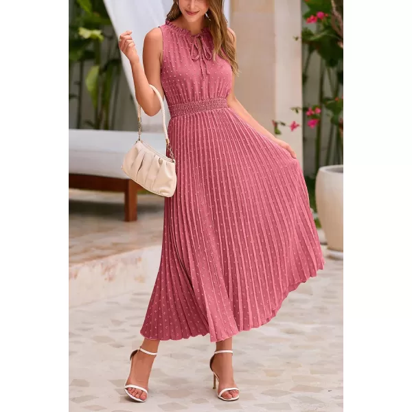imagePRETTYGARDEN Womens Midi Summer Dresses Casual V Neck Swiss Dot Ruffle Sleeveless A Line Beach Sun DressBean Paste Red