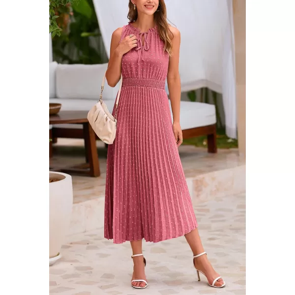 imagePRETTYGARDEN Womens Midi Summer Dresses Casual V Neck Swiss Dot Ruffle Sleeveless A Line Beach Sun DressBean Paste Red