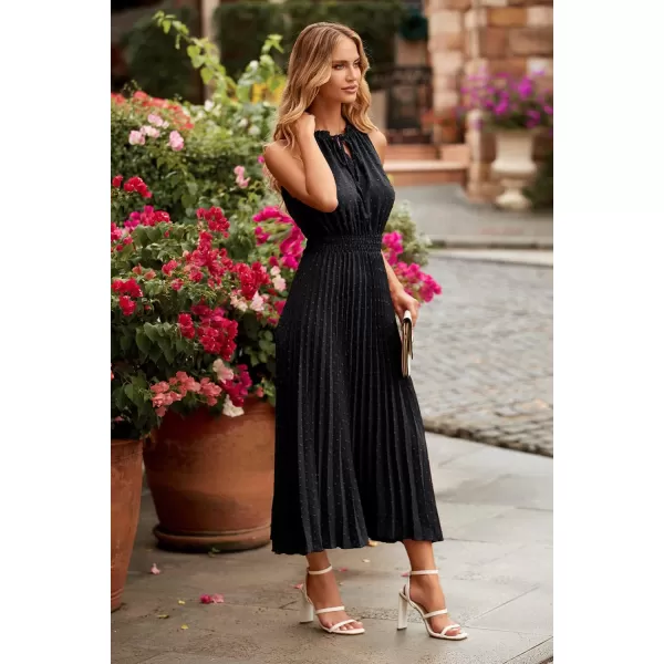 imagePRETTYGARDEN Womens Midi Summer Dresses Casual V Neck Swiss Dot Ruffle Sleeveless A Line Beach Sun DressBlack