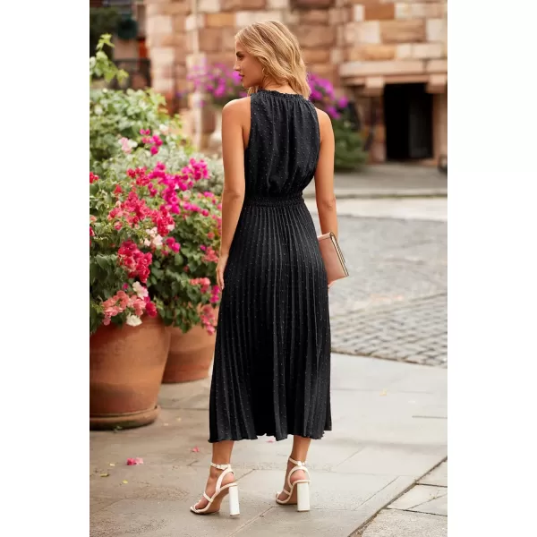 imagePRETTYGARDEN Womens Midi Summer Dresses Casual V Neck Swiss Dot Ruffle Sleeveless A Line Beach Sun DressBlack