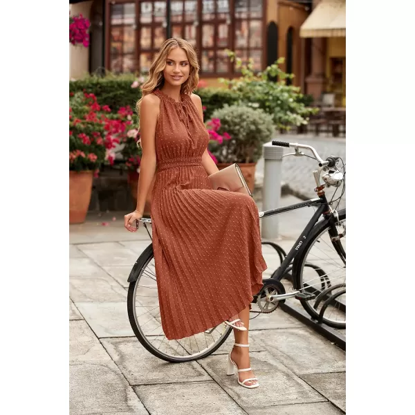 imagePRETTYGARDEN Womens Midi Summer Dresses Casual V Neck Swiss Dot Ruffle Sleeveless A Line Beach Sun DressBrick Red