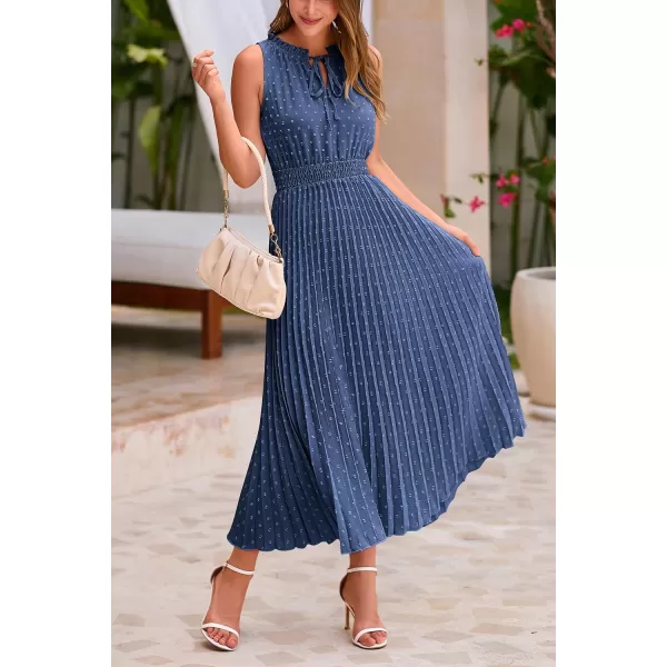imagePRETTYGARDEN Womens Midi Summer Dresses Casual V Neck Swiss Dot Ruffle Sleeveless A Line Beach Sun DressGrey Blue
