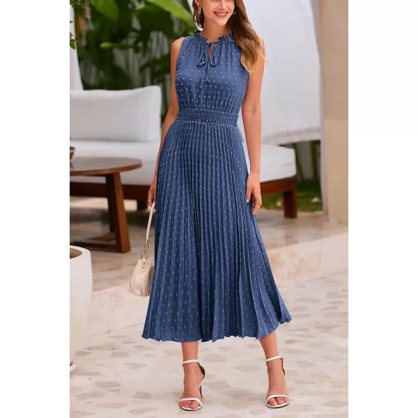 imagePRETTYGARDEN Womens Midi Summer Dresses Casual V Neck Swiss Dot Ruffle Sleeveless A Line Beach Sun DressGrey Blue