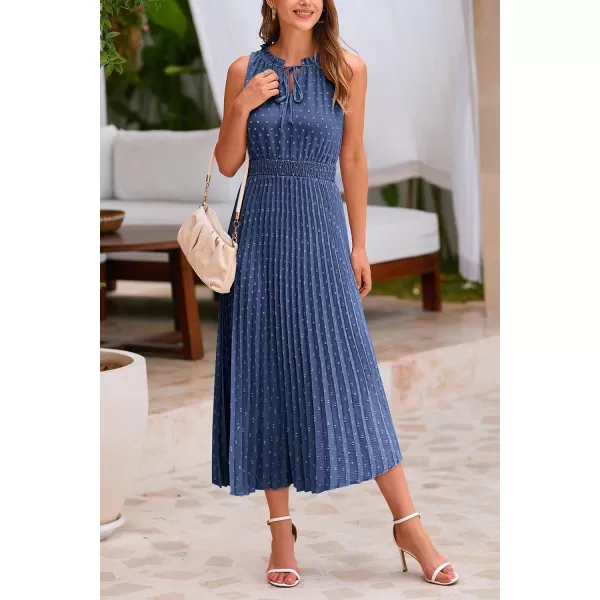 imagePRETTYGARDEN Womens Midi Summer Dresses Casual V Neck Swiss Dot Ruffle Sleeveless A Line Beach Sun DressGrey Blue