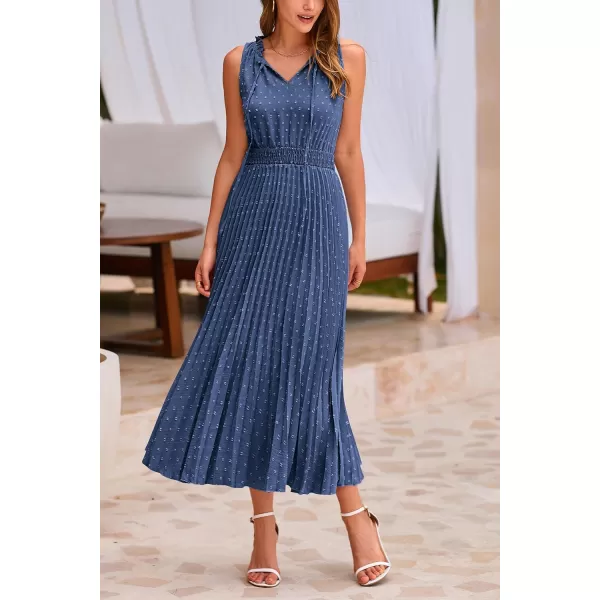 imagePRETTYGARDEN Womens Midi Summer Dresses Casual V Neck Swiss Dot Ruffle Sleeveless A Line Beach Sun DressGrey Blue