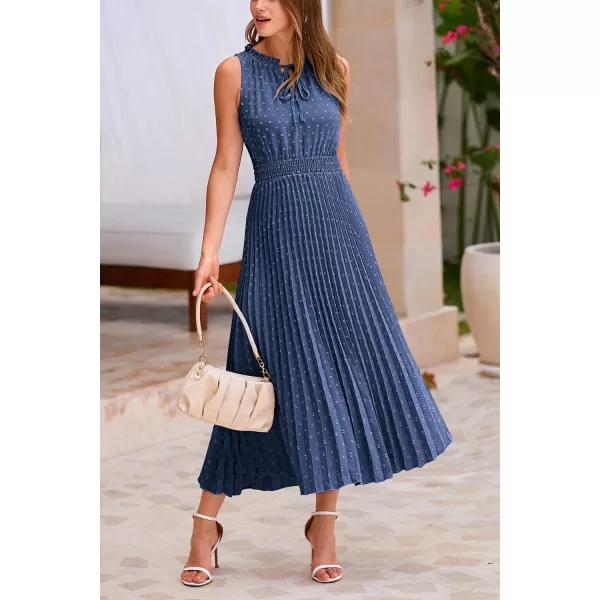 imagePRETTYGARDEN Womens Midi Summer Dresses Casual V Neck Swiss Dot Ruffle Sleeveless A Line Beach Sun DressGrey Blue