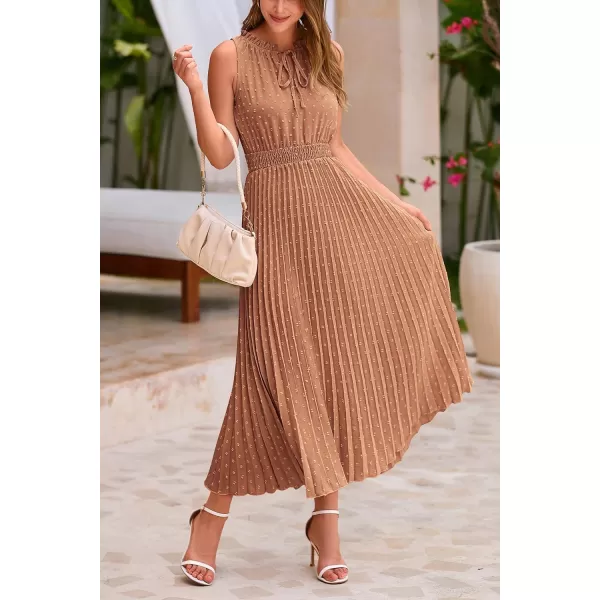 imagePRETTYGARDEN Womens Midi Summer Dresses Casual V Neck Swiss Dot Ruffle Sleeveless A Line Beach Sun DressKhaki
