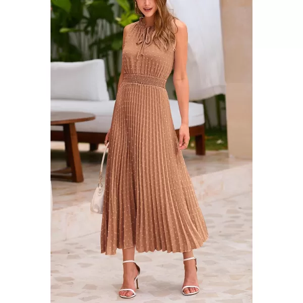 imagePRETTYGARDEN Womens Midi Summer Dresses Casual V Neck Swiss Dot Ruffle Sleeveless A Line Beach Sun DressKhaki