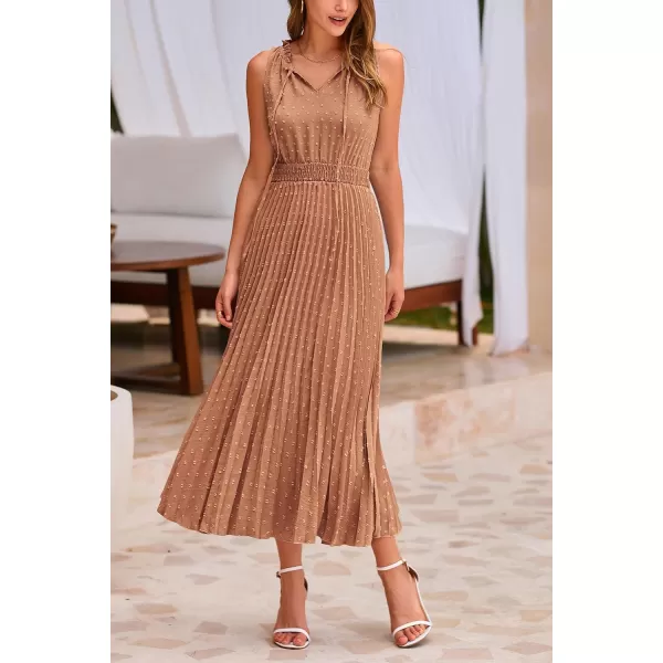 imagePRETTYGARDEN Womens Midi Summer Dresses Casual V Neck Swiss Dot Ruffle Sleeveless A Line Beach Sun DressKhaki