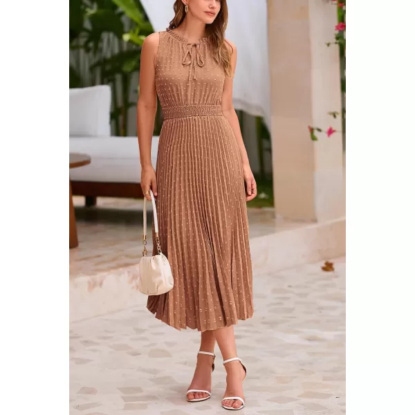 imagePRETTYGARDEN Womens Midi Summer Dresses Casual V Neck Swiss Dot Ruffle Sleeveless A Line Beach Sun DressKhaki