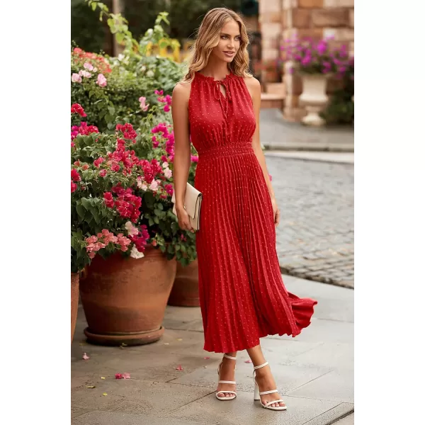 imagePRETTYGARDEN Womens Midi Summer Dresses Casual V Neck Swiss Dot Ruffle Sleeveless A Line Beach Sun DressRed