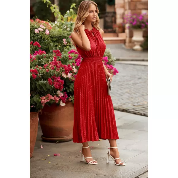 imagePRETTYGARDEN Womens Midi Summer Dresses Casual V Neck Swiss Dot Ruffle Sleeveless A Line Beach Sun DressRed