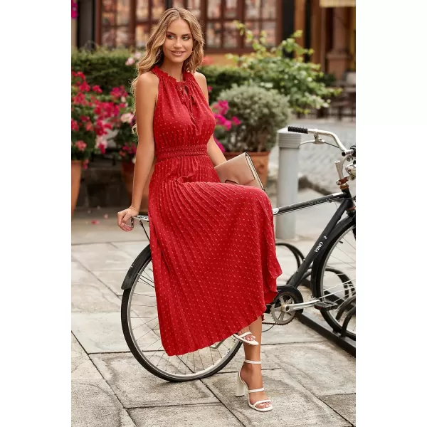 imagePRETTYGARDEN Womens Midi Summer Dresses Casual V Neck Swiss Dot Ruffle Sleeveless A Line Beach Sun DressRed