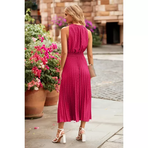 imagePRETTYGARDEN Womens Midi Summer Dresses Casual V Neck Swiss Dot Ruffle Sleeveless A Line Beach Sun DressRose Red