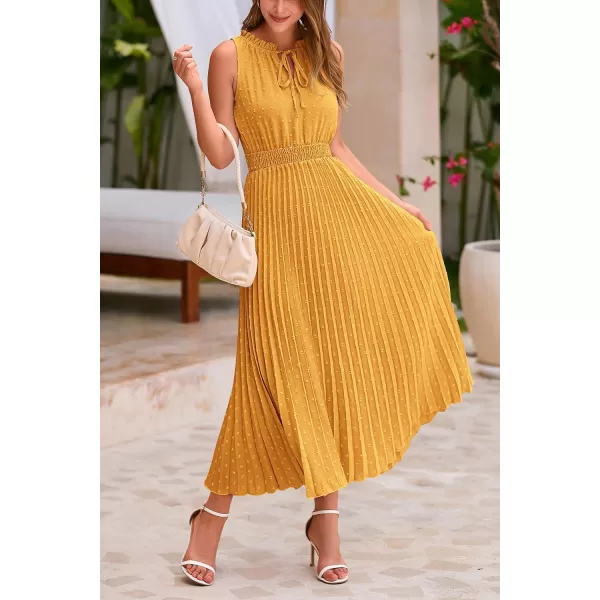 imagePRETTYGARDEN Womens Midi Summer Dresses Casual V Neck Swiss Dot Ruffle Sleeveless A Line Beach Sun DressTurmeric