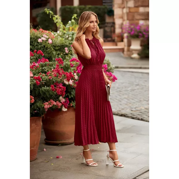 imagePRETTYGARDEN Womens Midi Summer Dresses Casual V Neck Swiss Dot Ruffle Sleeveless A Line Beach Sun DressWine Red