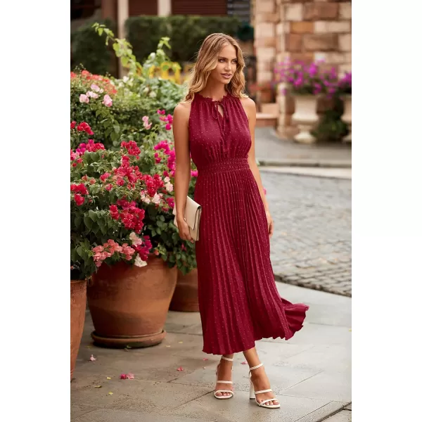 imagePRETTYGARDEN Womens Midi Summer Dresses Casual V Neck Swiss Dot Ruffle Sleeveless A Line Beach Sun DressWine Red