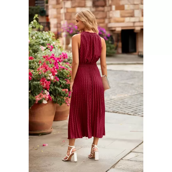 imagePRETTYGARDEN Womens Midi Summer Dresses Casual V Neck Swiss Dot Ruffle Sleeveless A Line Beach Sun DressWine Red