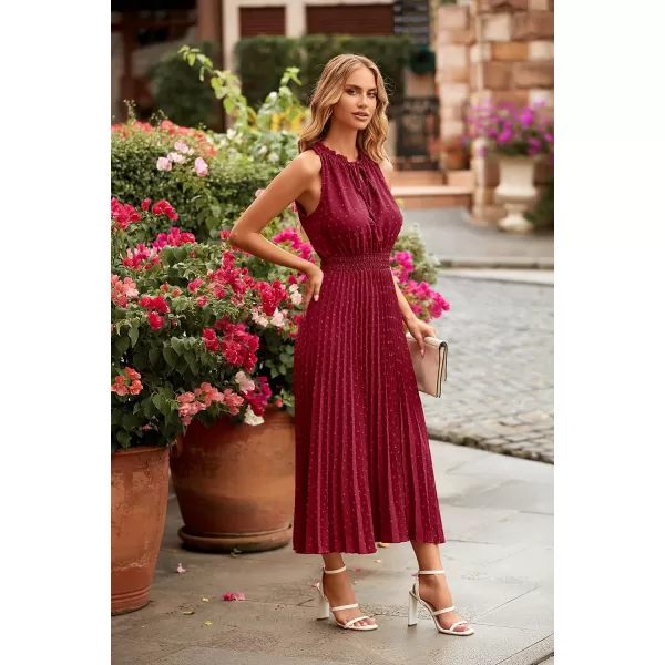 imagePRETTYGARDEN Womens Midi Summer Dresses Casual V Neck Swiss Dot Ruffle Sleeveless A Line Beach Sun DressWine Red