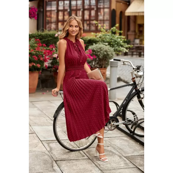 imagePRETTYGARDEN Womens Midi Summer Dresses Casual V Neck Swiss Dot Ruffle Sleeveless A Line Beach Sun DressWine Red