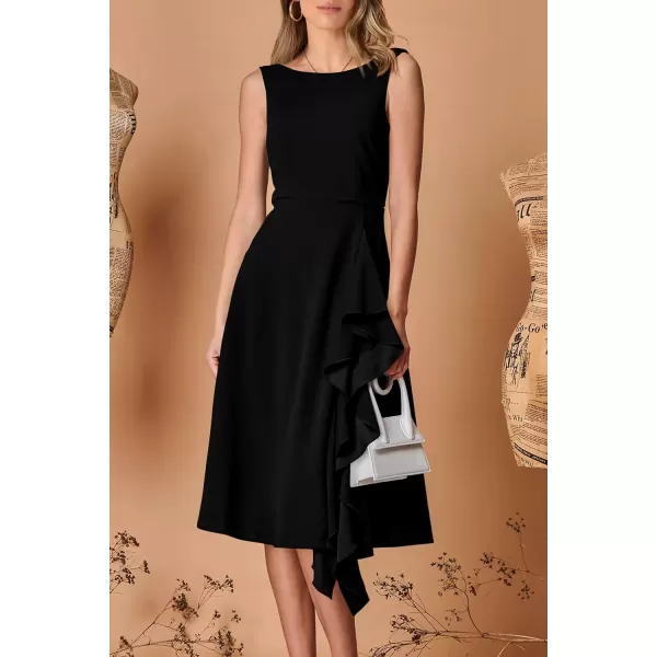 imagePRETTYGARDEN Womens Midi Summer Dresses Sleeveless Flared A Line Asymmetrical Ruffle Flowy Cocktail Party DressBlack