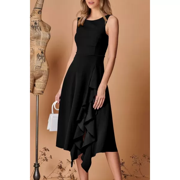 imagePRETTYGARDEN Womens Midi Summer Dresses Sleeveless Flared A Line Asymmetrical Ruffle Flowy Cocktail Party DressBlack