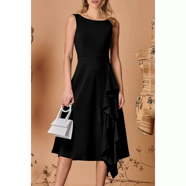 imagePRETTYGARDEN Womens Midi Summer Dresses Sleeveless Flared A Line Asymmetrical Ruffle Flowy Cocktail Party DressBlack