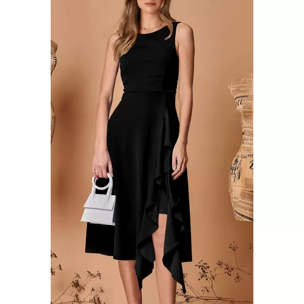 imagePRETTYGARDEN Womens Midi Summer Dresses Sleeveless Flared A Line Asymmetrical Ruffle Flowy Cocktail Party DressBlack