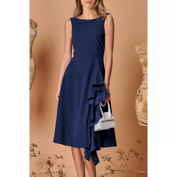 imagePRETTYGARDEN Womens Midi Summer Dresses Sleeveless Flared A Line Asymmetrical Ruffle Flowy Cocktail Party DressDark Blue