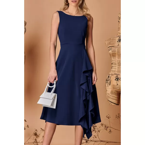 imagePRETTYGARDEN Womens Midi Summer Dresses Sleeveless Flared A Line Asymmetrical Ruffle Flowy Cocktail Party DressDark Blue
