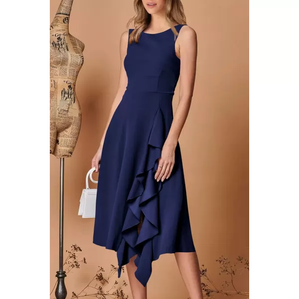 imagePRETTYGARDEN Womens Midi Summer Dresses Sleeveless Flared A Line Asymmetrical Ruffle Flowy Cocktail Party DressDark Blue