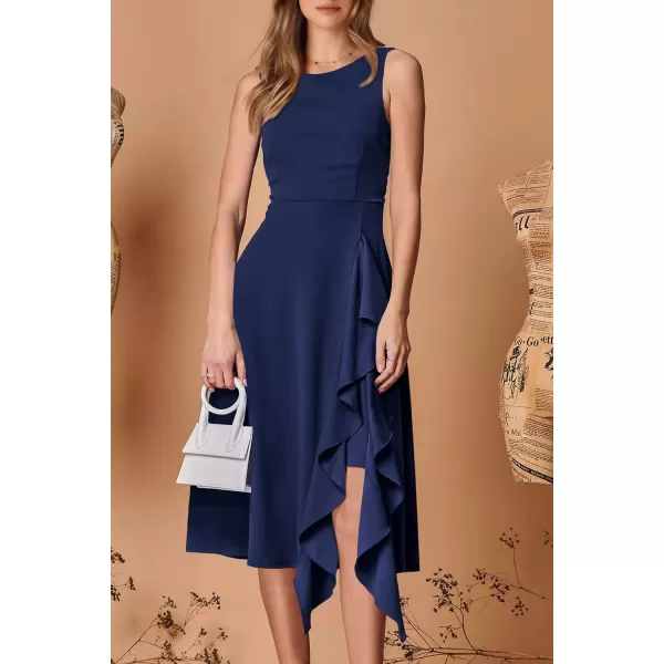 imagePRETTYGARDEN Womens Midi Summer Dresses Sleeveless Flared A Line Asymmetrical Ruffle Flowy Cocktail Party DressDark Blue